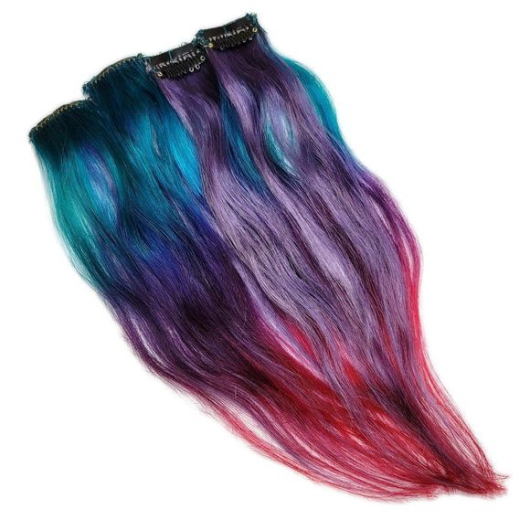 Ombre Remy Real Human Hair Extensions Aqua Blue Color Slick Clip in Highlights